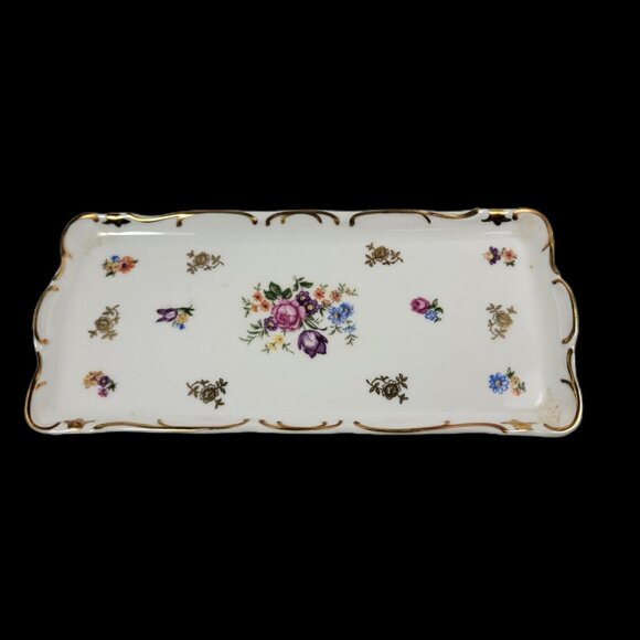 VINTAGE PORCELAIN German China ROSE FLORAL DISH TRINKET TRAY 10 x 5" - Picture 1 of 4